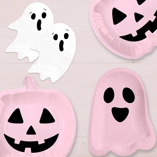 Pink Pumpkin Ghost Halloween Paper Plates Napkins Party Tableware Set - 100pcs (Variation: Pink Pumpkin)