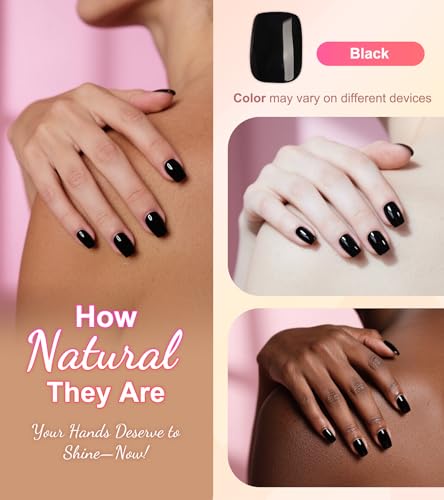 Morily Black Press On Nails Short Square Gel Finish - Glossy Black, 16 Sizes, 32 Pcs