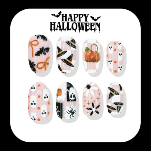 Halloween Press On Nails with Ghost and Pumpkin Design, 24Pcs, Holiday-28