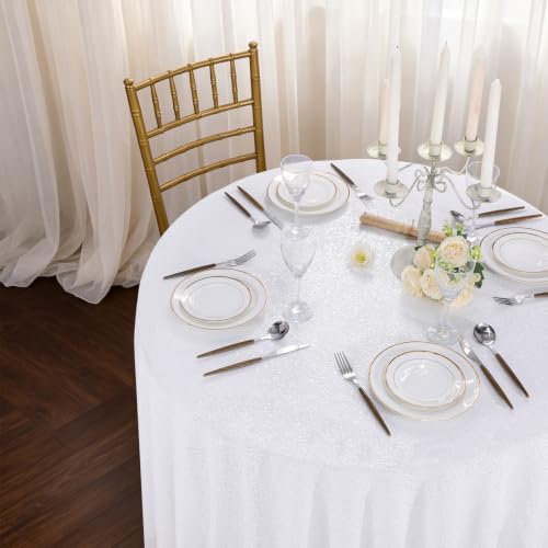QueenDream White Sequin Round Tablecloth 108 Inch for Party & Wedding - Glitter Sparkle