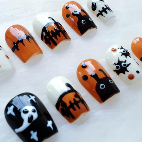 Halloween Press On Nails Short Square False Nails - Handmade Festive Orange Black M