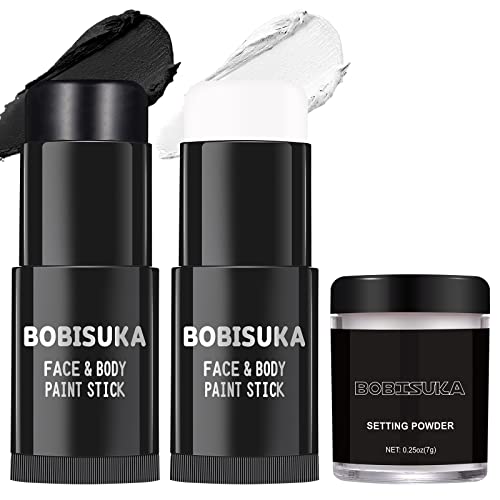 Black White Face Paint Stick Set with Setting Powder for Halloween & Cosplay - Special Effects