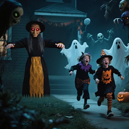 67-Inch Halloween Hanging Witch with Light-Up Eyes & Sound Activation - Outdoor Indoor Decor Yard Garden Black