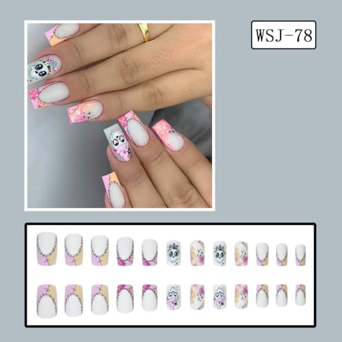 Halloween Press On Nails Medium Square Skull Fake Nails White Pink Ombre 24 Pcs Style-D20