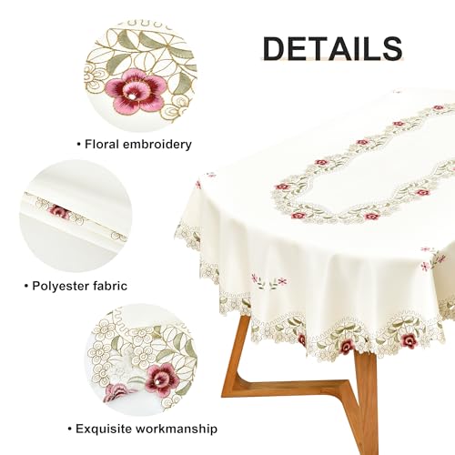 Oval Embroidered Jacquard Floral Tablecloth 60 x 84 Inch - Beige, Sturdy & Elegant Variation of THIS listing