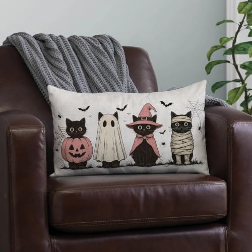 Halloween Pillow Cover 12x20 Black Cats Bats Autumn Decor - Pink & Black Variation