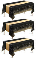 Black and Gold Satin Table Runners and Plastic Tablecloth Set - 3 Piece