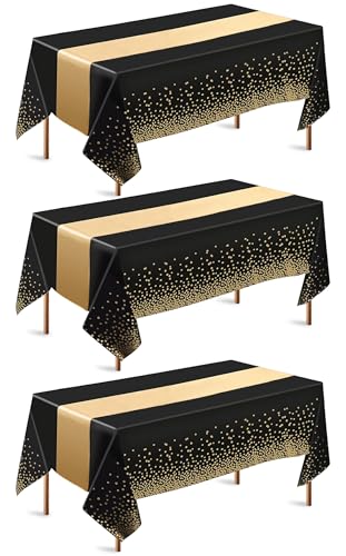 Black and Gold Satin Table Runners and Plastic Tablecloth Set - 3 Piece