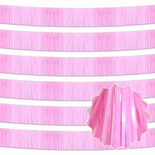 Macaron Pink Foil Fringe Garland - 6 Pack 10 Ft Party Wall Decor with Variation A