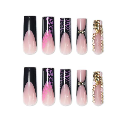 Multicolor Long Square Press-On Nails Black French Floral Fake Nails - 24pcs