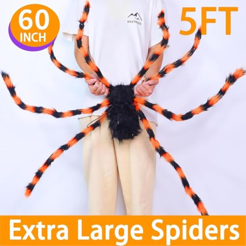 Outdoor Halloween Giant Spider Decorations 2 Pack - Orange and Black Light-Up Spiders with 8 Lighting Modes