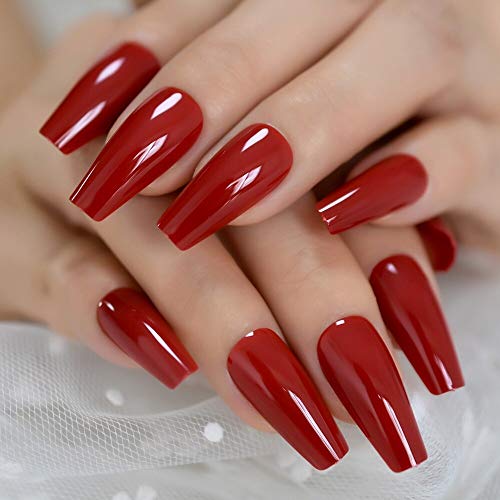 Red Press-On Ballet False Nails Long Ruby-Red Coffin Shape with Adhesive Tapes - Variation L5581, 24pcs