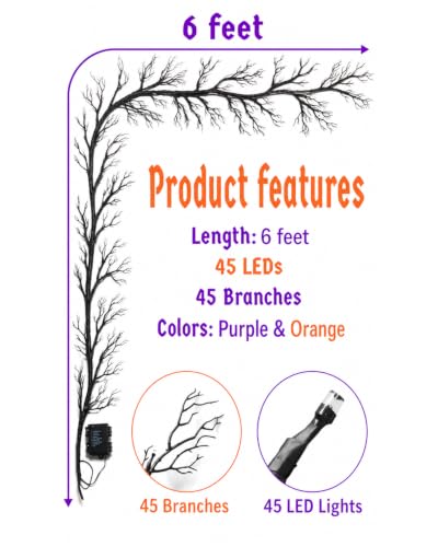 8 Modes 6 Ft Halloween Vine Lights with Purple & Orange LEDs, Timer, Battery Operated