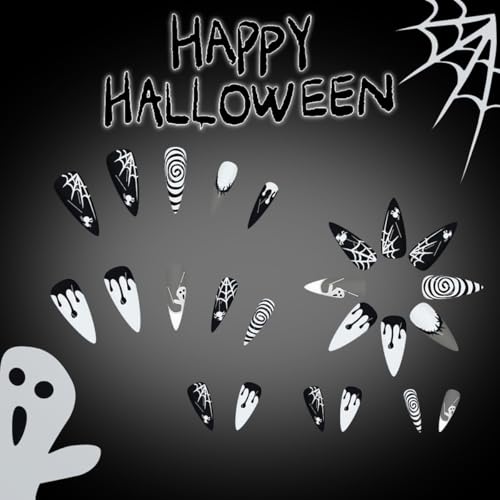 Halloween Press On Nails Long Stiletto Fake Nails with Designs - Spider Web & Ghost Style D24