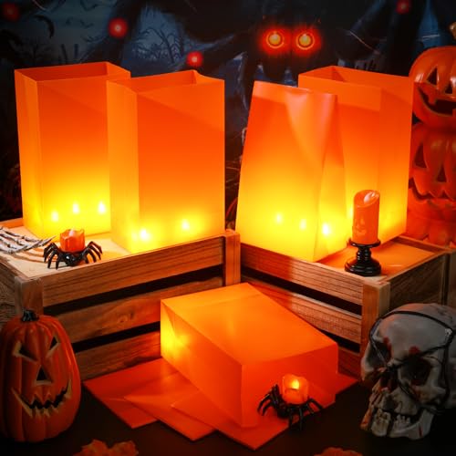 Halloween Plastic Luminaria Bags - Orange Candle Lantern Set of 24