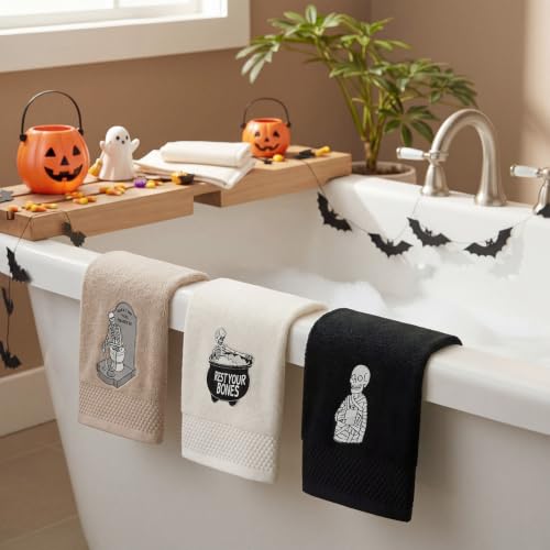 Cotton Skeleton Bathroom Towels Set - Halloween Gothic Hand Towels, 3 Pieces