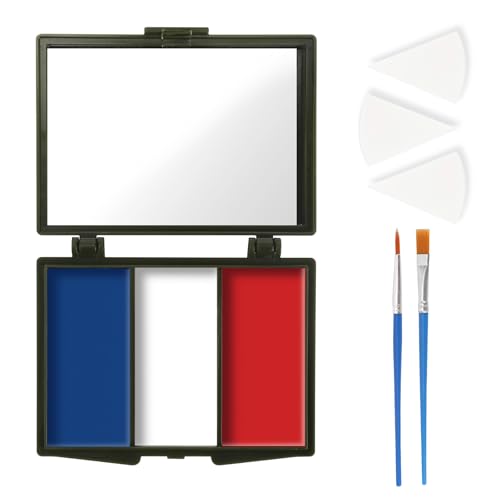 Red White Blue Face Paint with Mirror & Brushes for Halloween - Full Coverage, Waterproof, Safe & Long-Lasting