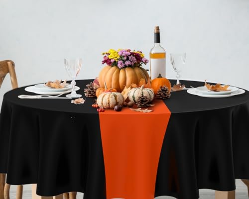 Remagr Disposable Round Plastic Tablecloth 84 Inch - Black & Orange 3 Pack