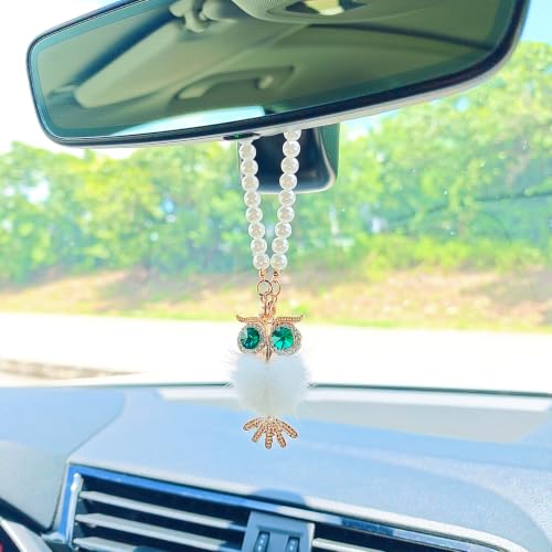 Car Rearview Mirror Decoration - Sparkling Owl with Pom Pom and Pearl Chain - White Variation
