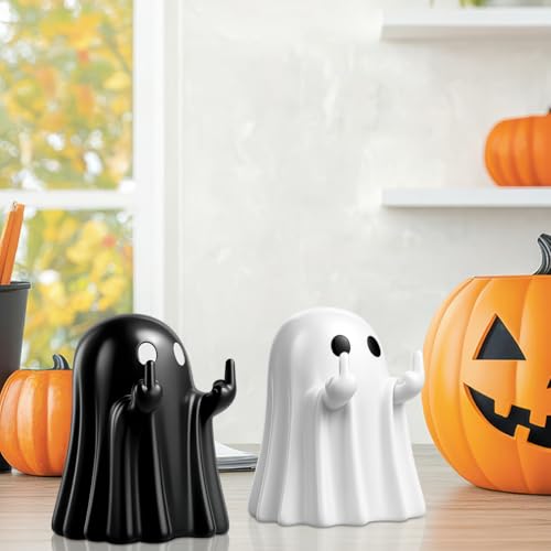 Halloween Ghost Figurine Decor Set - Black and White Resin Mini Statues for Indoor Display