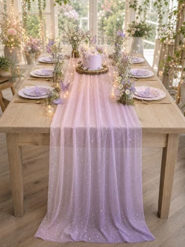 Lilac Purple & Pink Sequin Sheer Table Runner 120 Inch 10PCS Boho Wedding Party Decor