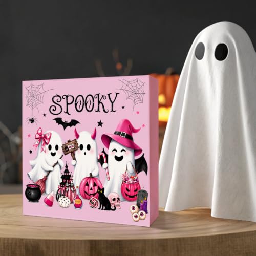 Halloween Ghost Sign Decor - Wooden Desk Shelf Plaque for Home & Office