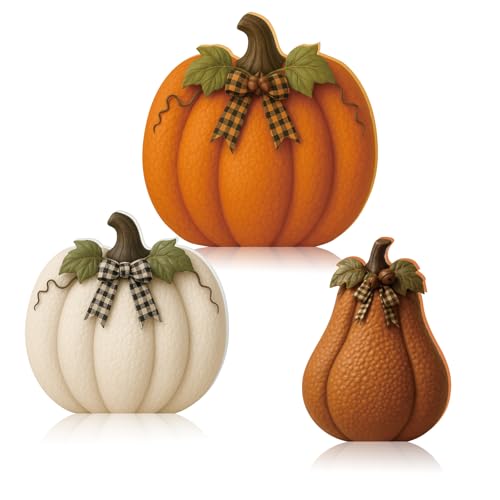 Fall Pumpkin Decorations Wooden Pumpkin Set - Orange, 3 Pieces, Rustic Home Decor