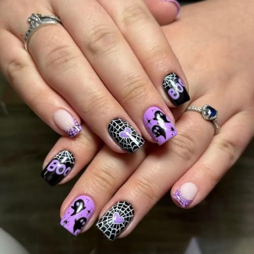 Halloween Short Square Press-On Nails Set with Ghost & Web Designs - Style 2