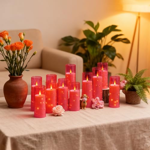 Pink Flameless LED Candles with Timer - 9 Pc Flickering Battery Operated Decor