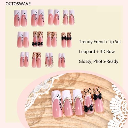 Pink Long Square Press-On Nails with Leopard & 3D Black Bow - DIY Nail Kit