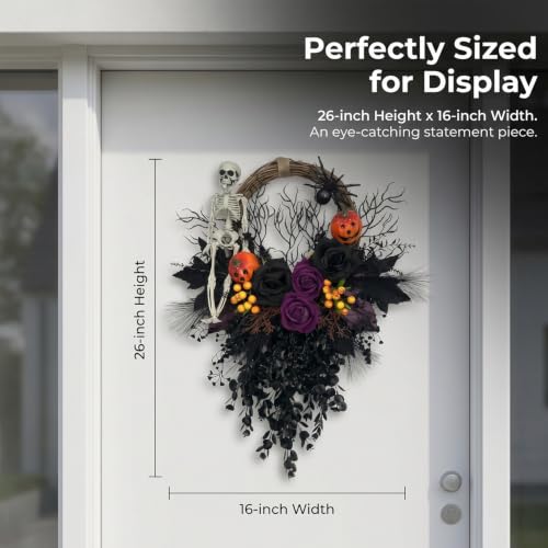 Halloween Gothic Skull Wreath for Front Door 16-Inch Spooky Decor