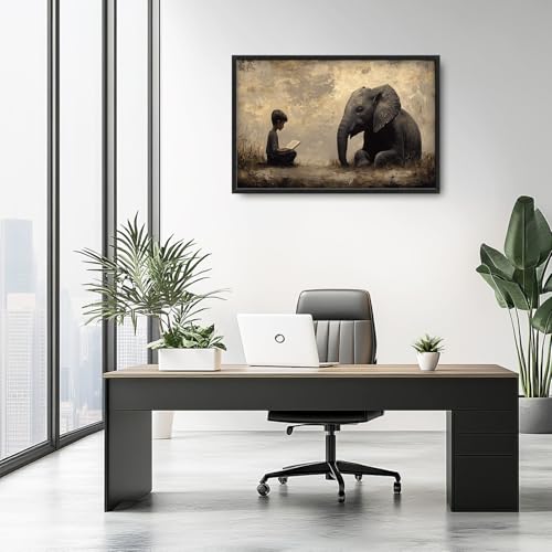 Large Elephant Wall Art Canvas - Kids Reading Animal Decor for Living Room & Bedroom