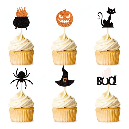 Halloween Cupcake Toppers 24PCS Ghost Pumpkin Cat Witch Cap Spider - Colorful