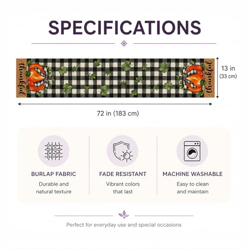 Fall Table Runner with Buffalo Plaid Bowknot Pumpkin Thankful Decor for Dining Table
