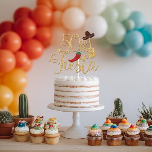 Gold Glitter 50th Fiesta Cake Topper - Mexican Theme Birthday Decor