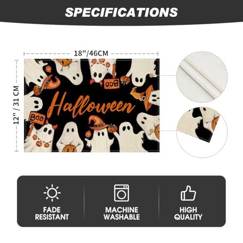 Halloween Ghost Placemats Set of 4 - 12 x 18 Inch Rectangular Table Decor