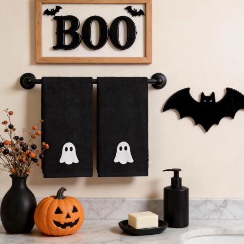 Halloween Hand Towels Set of 2 - Embroidered Ghost Bathroom Decor - Black Ghost Variation