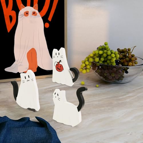 Halloween Ghost Cat Wood Signs Set - Rustic Farmhouse Decor, 3 Pieces