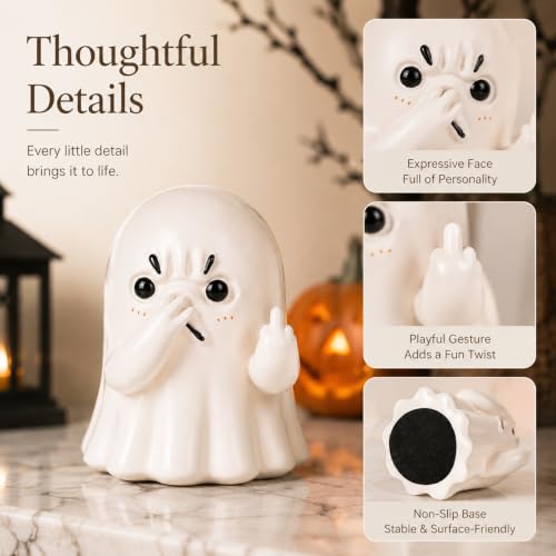 Holding Nose Ghost Figurine - Beige Quirky Halloween Decor for Shelf & Bathroom