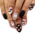 Halloween Press On Nails Short Oval Ghost Bat Design - Style-6, Black Pink
