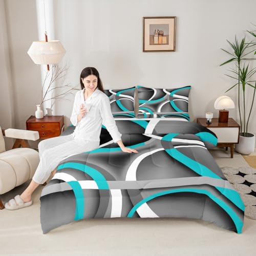 Circle 04 Queen Comforter Set Blue Gray Black Bedding with Pillowcases - Kids Bedroom Decor