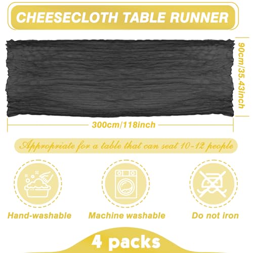 Black 35x120 Inch Boho Cheesecloth Table Runner - 4 Pack for Wedding & Party Decor