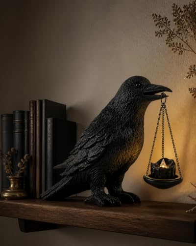 Gothic Crow Candle Holder - Halloween Decor, Resin Raven Statue for Bookshelf & Fireplace