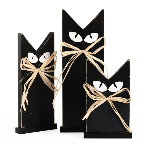 Halloween Rustic Wooden Black Cat Decorations Set - 3 Black Cats for Tabletop Shelf Mantel - Fall Party Decor