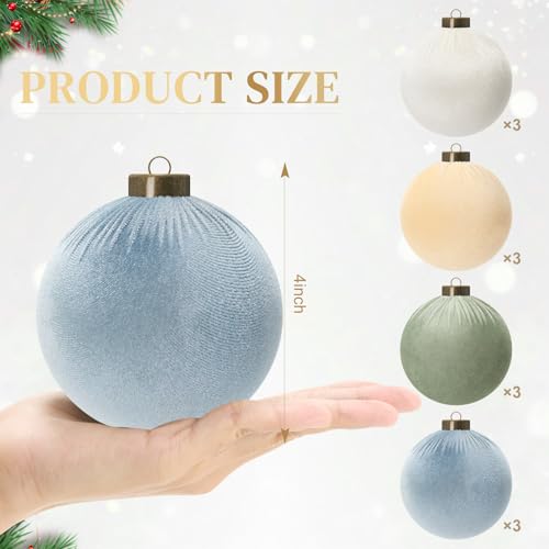 12 Pack Velvet Christmas Ornaments Balls - Large 4 Inch Morandi Flocked Holiday Decor