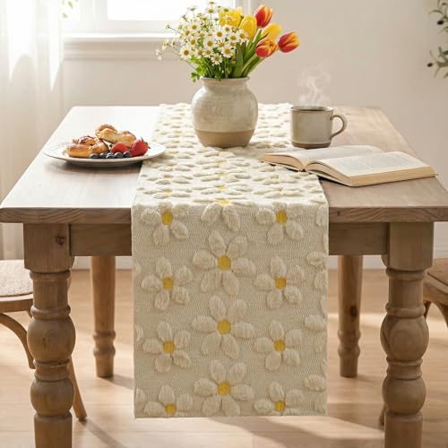 Beige Soft Plush Faux Fur Jacquard Daisy Table Runner - 13 x 72 Inches