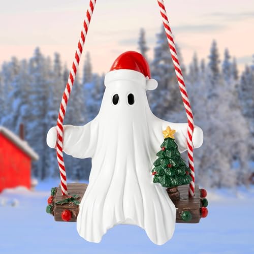 Halloween Ghost Swing Ornament with Santa Hat - Holiday Decor Figurine
