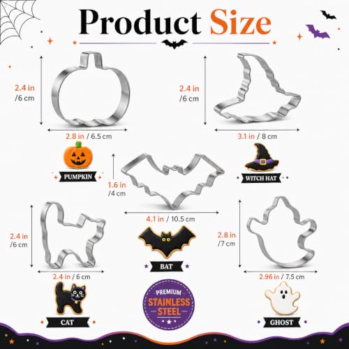 Halloween Cookie Cutter Set - 5 Shapes Pumpkin Bat Ghost Witches Hat - Stainless Steel