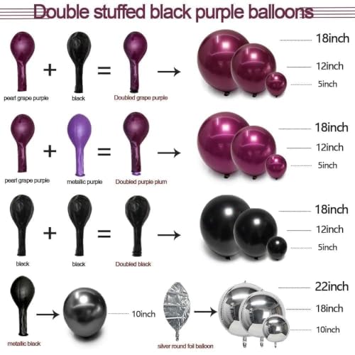 Black Purple Balloon Arch Kit Double Stuffed Purple Silver Foil Balloons