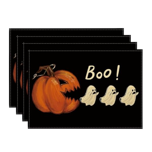 Black Rectangular Halloween Ghost Placemats Set of 4 - 12 x 18 Inches